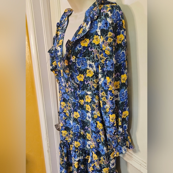 Code x Mode Blue/Yellow Multi-Color Floral Prairie Core Ruffle Maxi Dress, Large - Picture 4 of 16